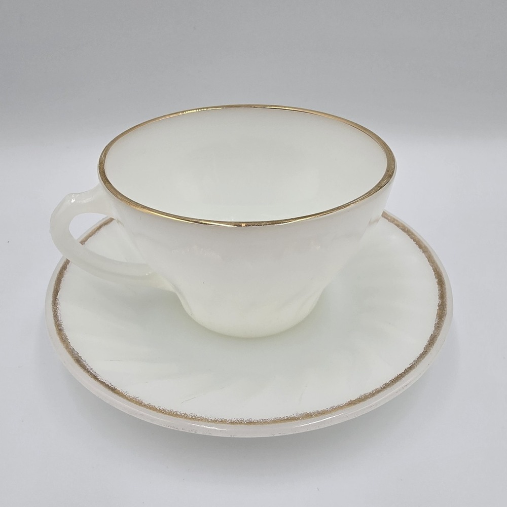 Fire-King Anchor Hocking White Swirl Milk‎ Glass Tea Cup Saucer Gold Rim